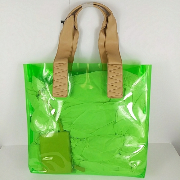 NWT $88 BCBG Beach Bag w. Coin Purse Green Clear Neon Concert Amusement Park - Picture 4 of 6